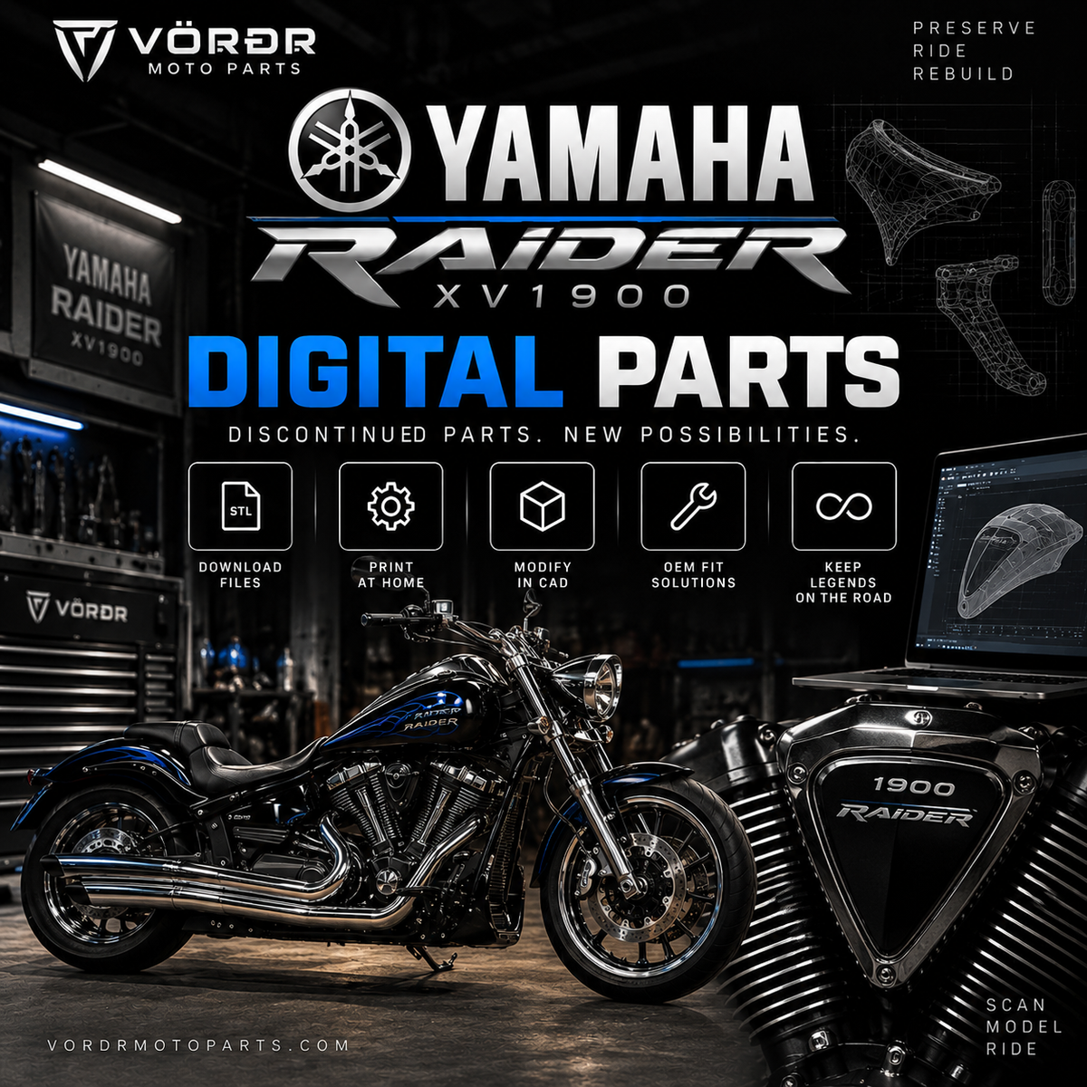 Yamaha Raider XV1900 digital parts and STL 3D print files by VORDR Moto Parts